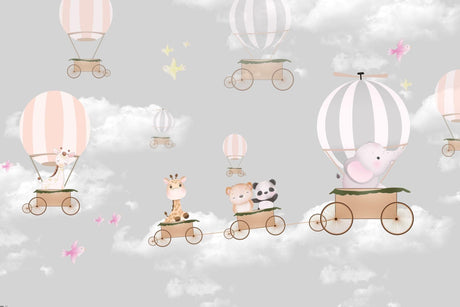 Papier Peint Mural Montgolfière | Aventure Animale en Rose et Gris