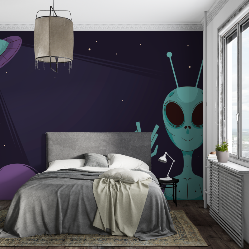 Space Mural Wallpaper | Friendly Alien and UFO Design