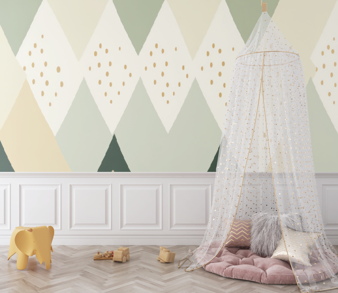 Geometric Mural Wallpaper | Scandinavian Diamond Pattern with Gold Dots