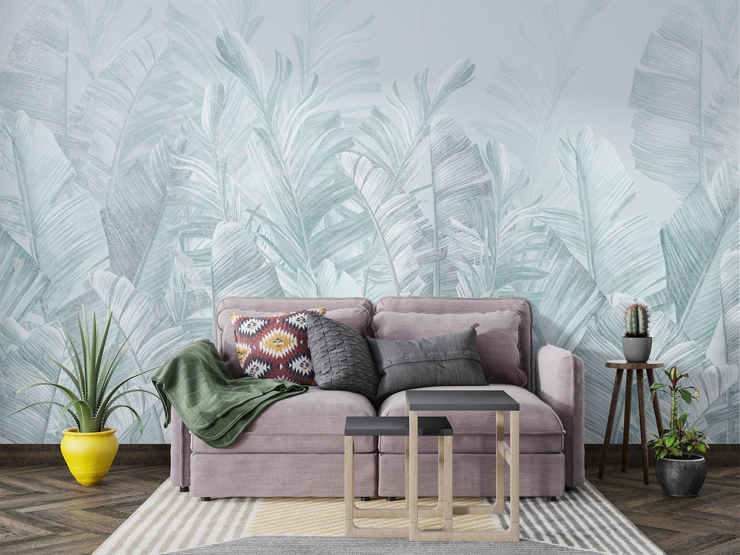 Papier Peint Mural Tropical | Design de Feuilles de Palmier Bleu Doux