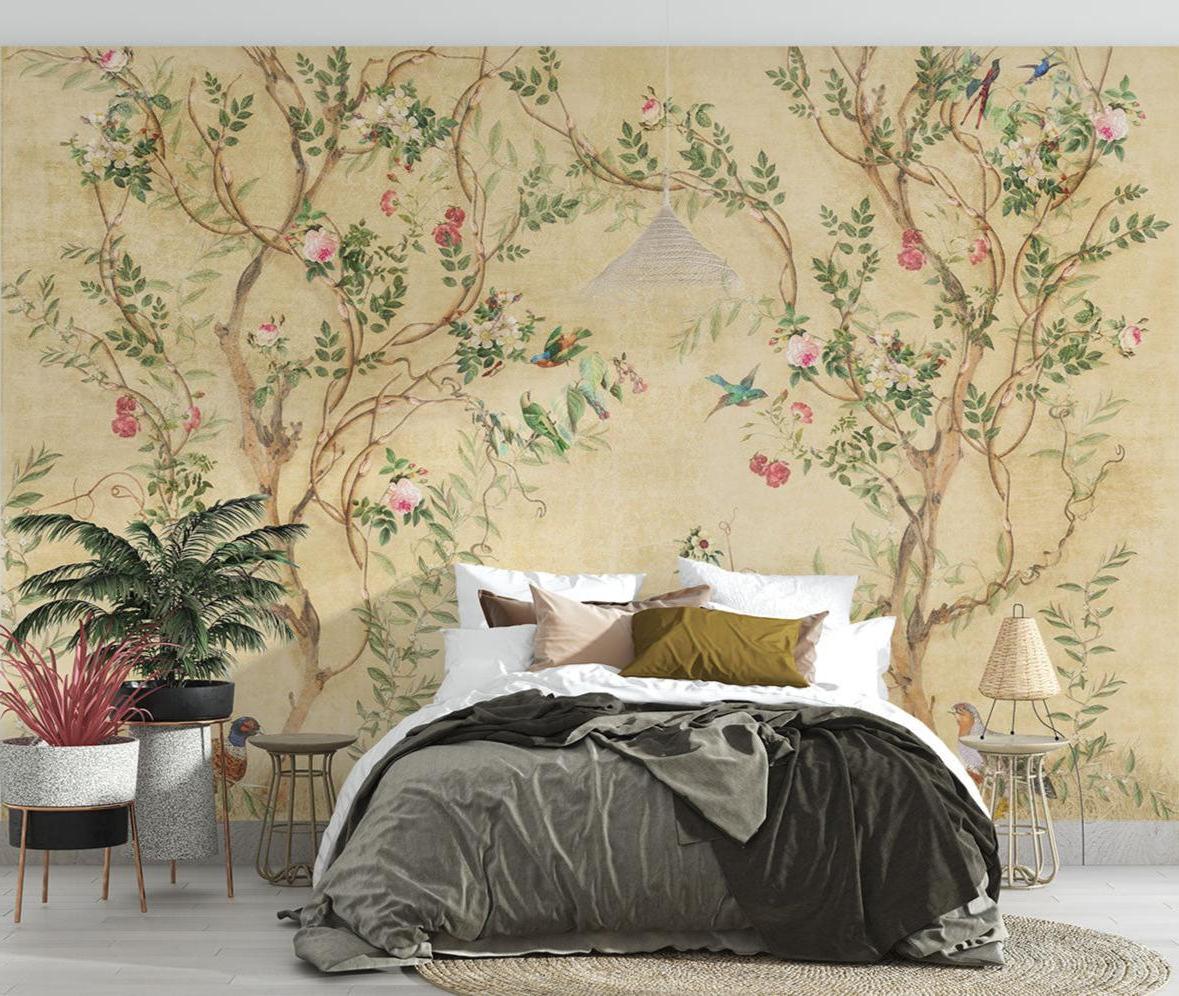 Papel Pintado Mural Floral Vintage | Diseño Chinoiserie de Pájaros y Rosas