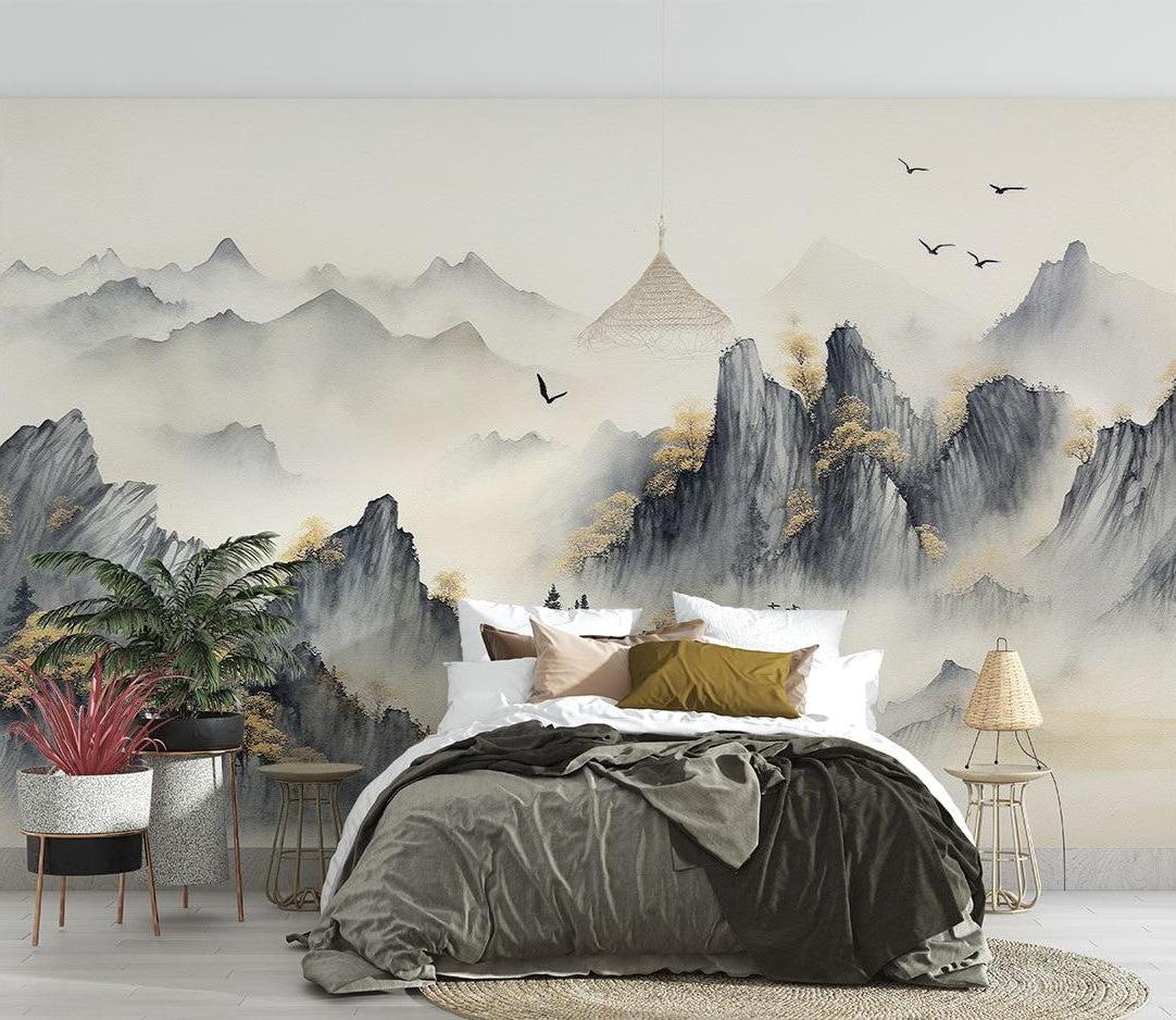 Mountain Mural Wallpaper | Japanese Watercolor Landscape with Birds