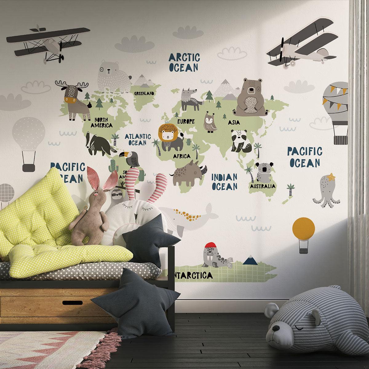 Papier Peint Mural Carte du Monde | Thème Aventure Enfants avec Animaux