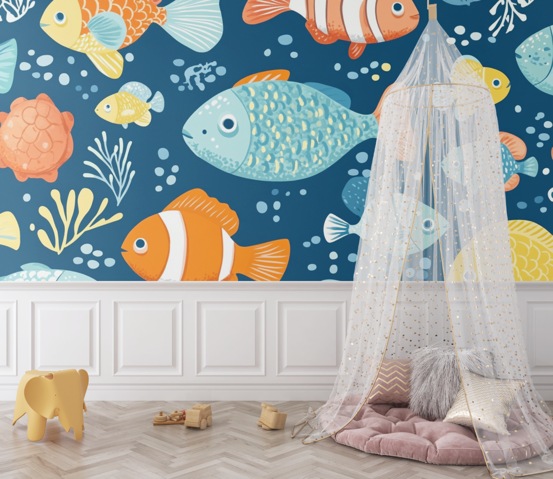 Marine Animals Mural Wallpaper | Playful Ocean Fish Design