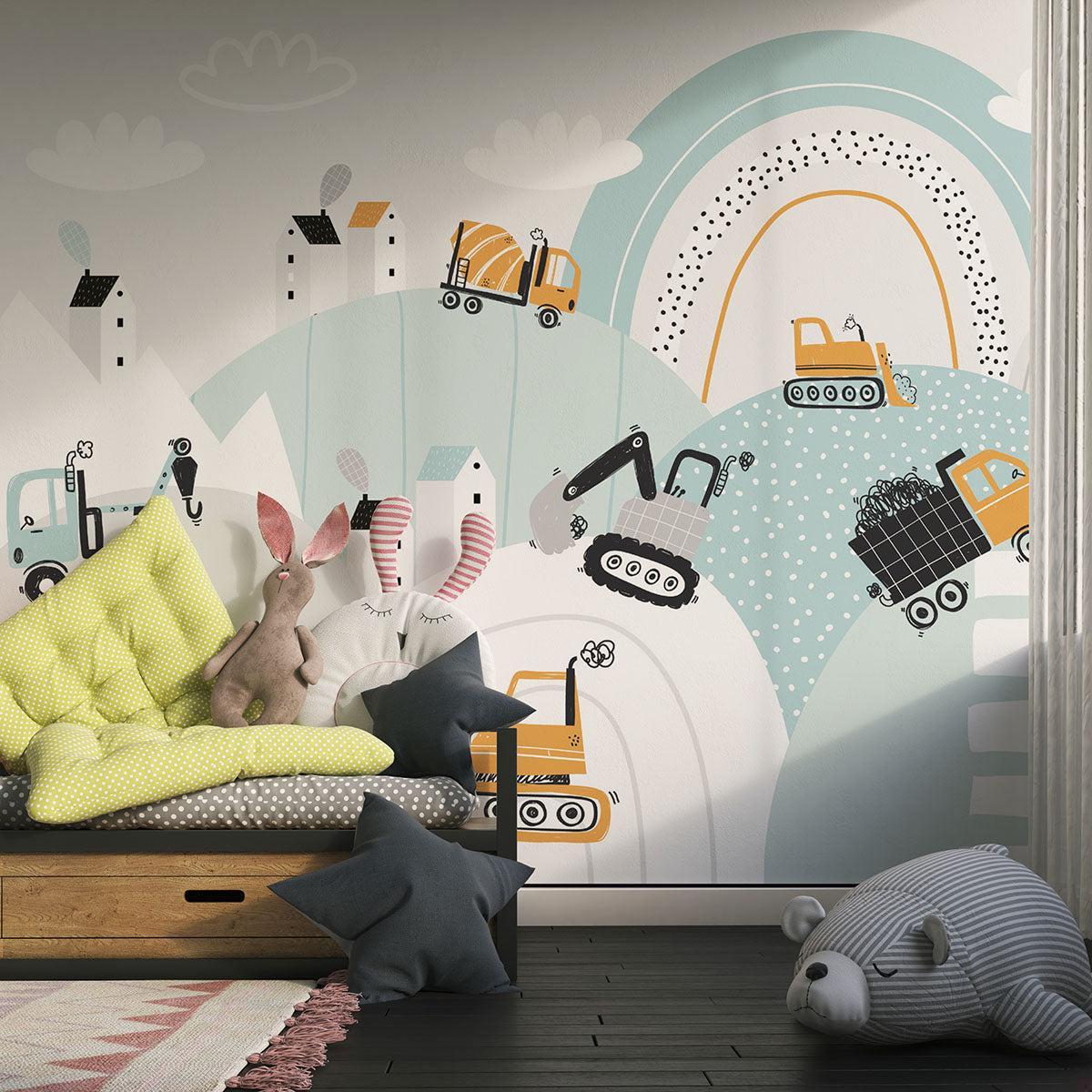 Byggetapet | Legesygt køretøjsscene med regnbue