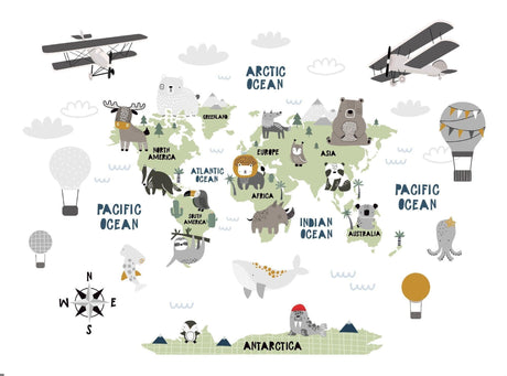 Papier Peint Mural Carte du Monde | Thème Aventure Enfants avec Animaux