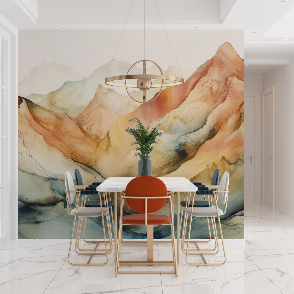 Mountain Mural Wallpaper | Watercolor Terracotta Landscape