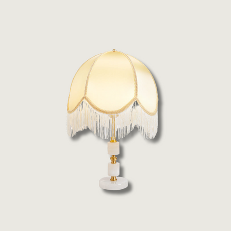 Traditional Table Lamp  Marble Base with Fringe Shade - Product showcase
