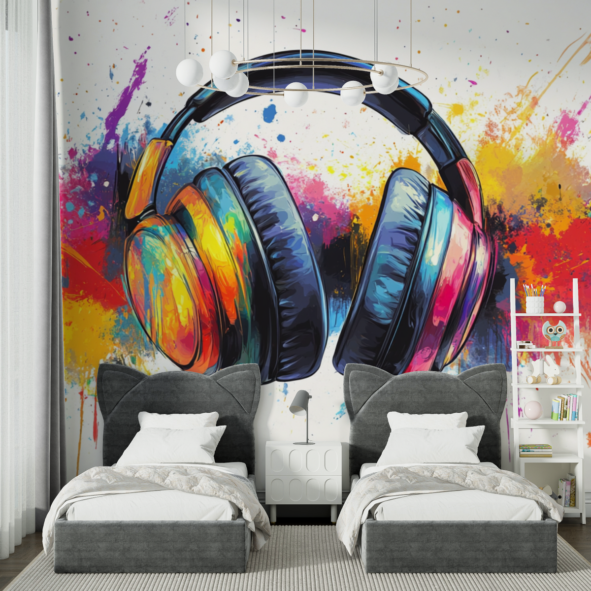 Music Mural Wallpaper | Colorful Headphones Graffiti Art