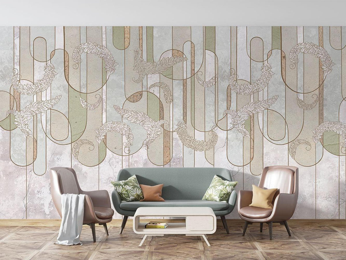 Art Deco Mural Wallpaper | Geometric Feather Pattern in Sage