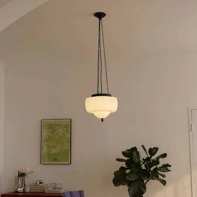 Modern Glass Pendant Light White Dome Chain Hanging Design - Detailed view