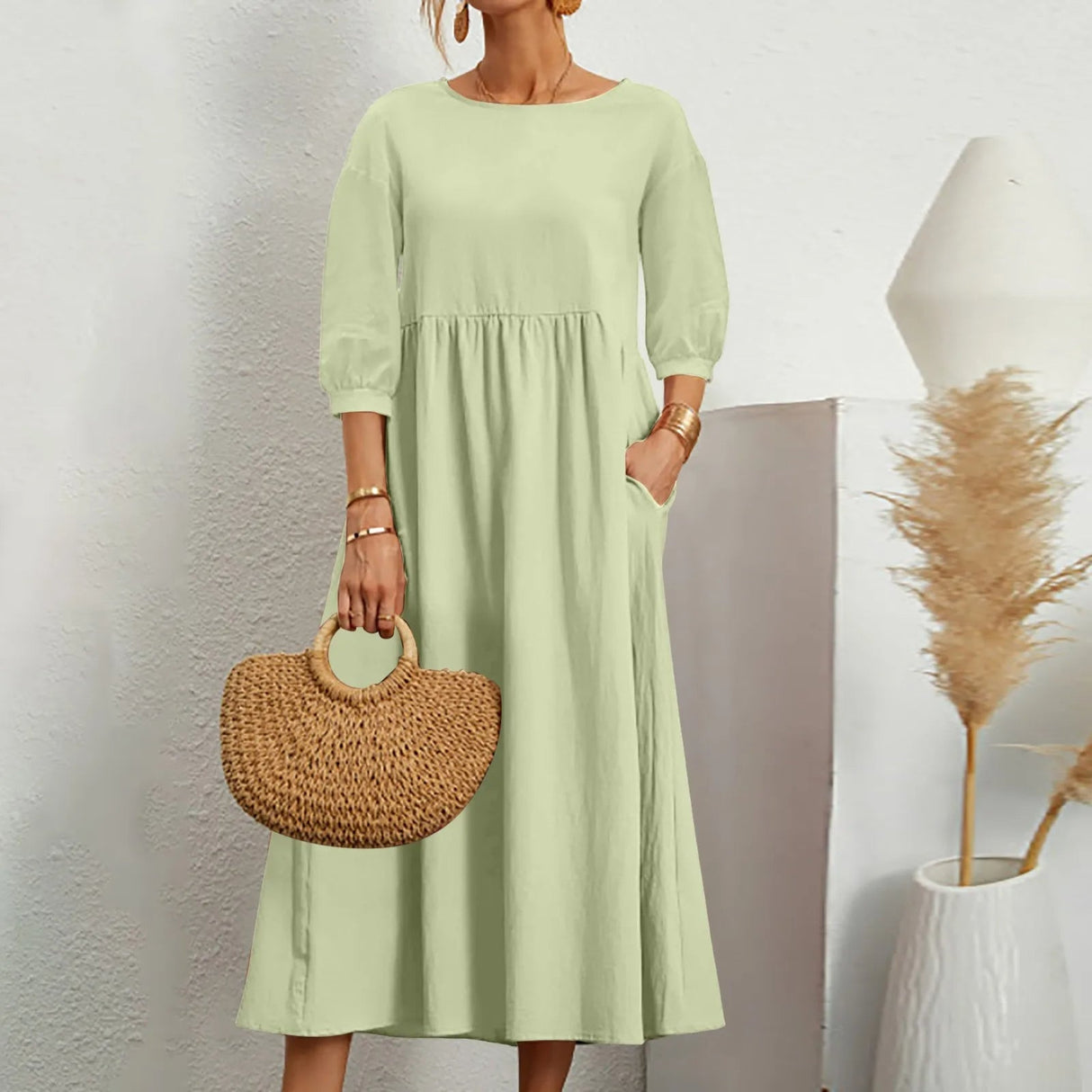 Cotton Midi Dress Casual A-Line Silhouette With Pockets - Product example