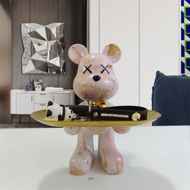 Decorative Bear Tray Sculpture  Pink and Gold Resin Design - Product showcase