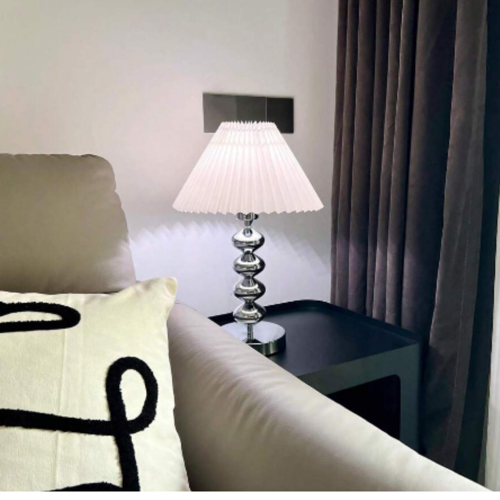 Chrome Table Lamp Pleated Shade Stacked Sphere Base - Product example