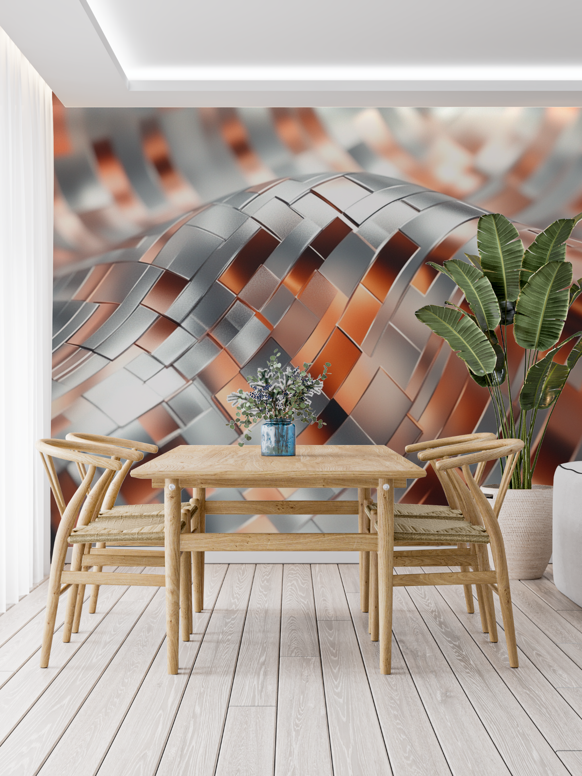Abstract Mural Wallpaper | Metallic Silver and Terracotta Waves