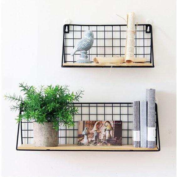 Modern Wall Shelf Black Metal Grid Wood Display - Product example