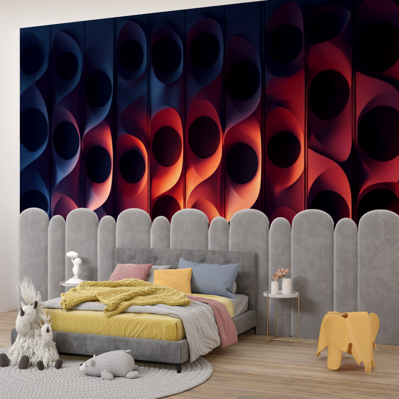 Modern living room featuring 3D geometric circle wallpaper creating depth effect