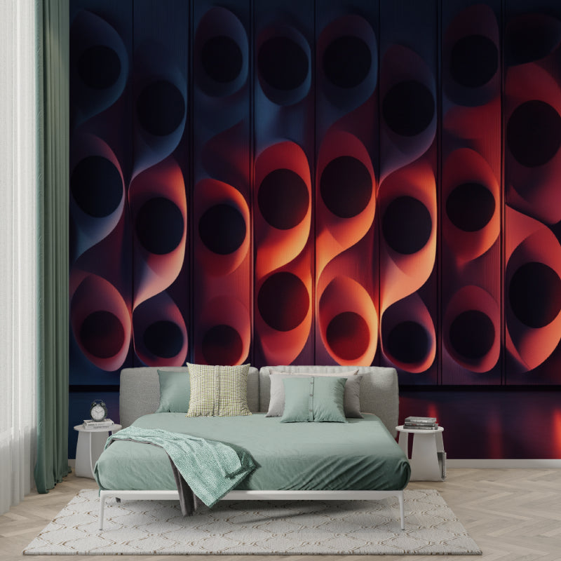 Office space with 3D abstract wallpaper in blue and red tones