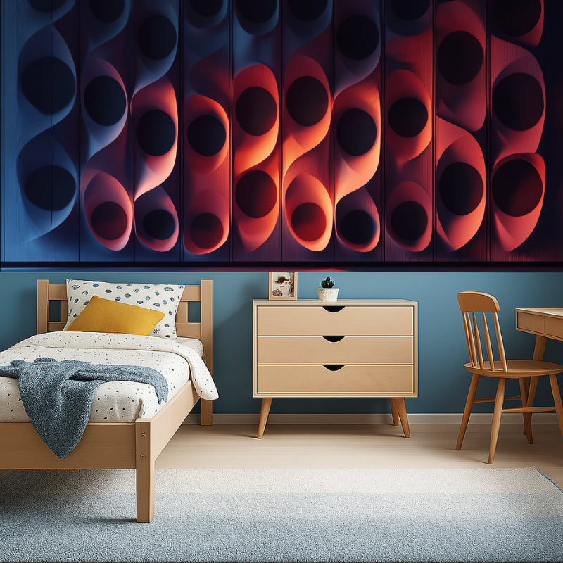 Dining room showcasing geometric circle pattern wallpaper with 3D effect