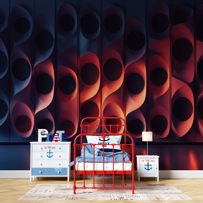 Bedroom with modern 3D geometric wallpaper in blue and red