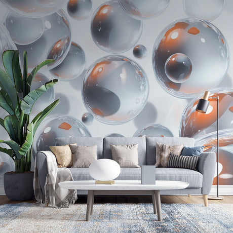 Modern bubble wallpaper creating depth in a minimalist living room with floating 3D spheres catching natural light