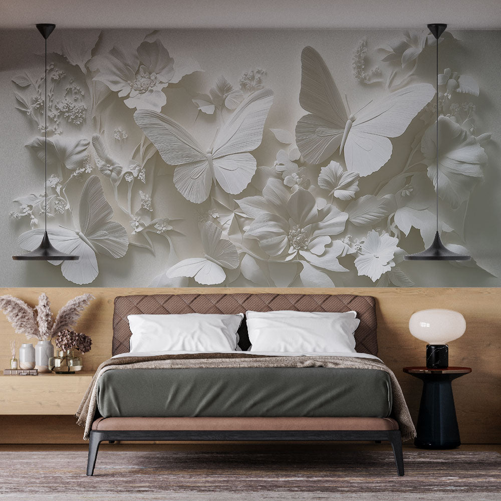 3D Butterfly Relief Wallpaper creating depth in a modern living room with natural light highlighting the textured details