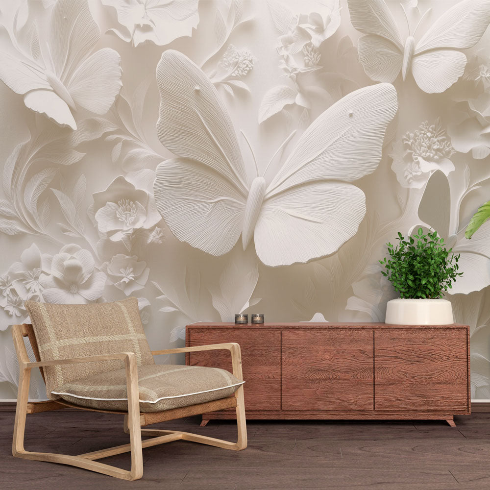White 3D butterfly relief wallpaper creating stunning depth in a modern living room with natural lighting