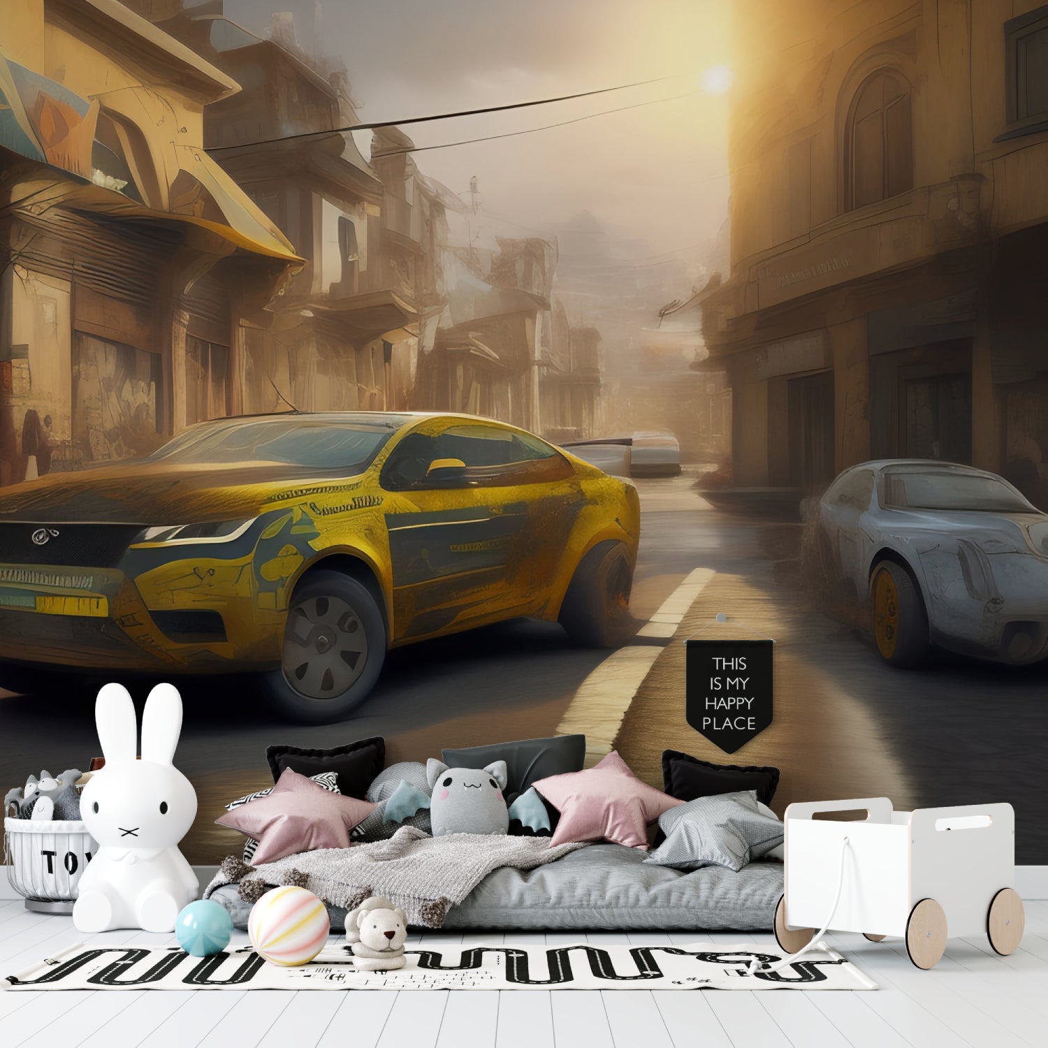 3D car wallpaper creating dramatic effect in modern living room with blue Jeep breaking through concrete wall