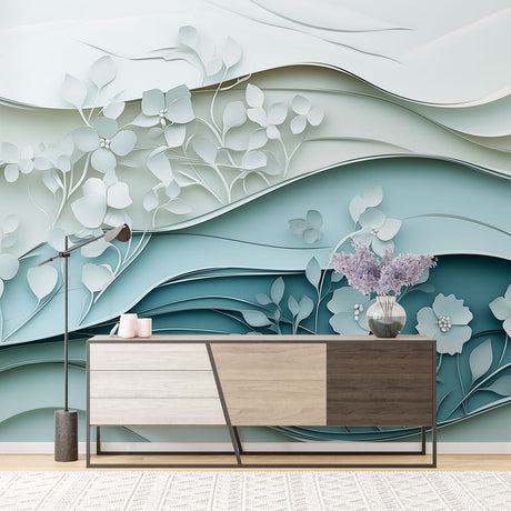 3D Floral wallpaper with aqua waves creating depth in a bright modern living room with minimalist furniture