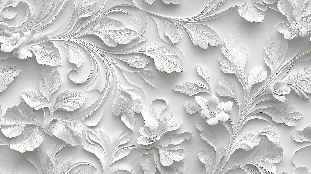 3D white botanical pattern design file showing detailed embossed flower and leaf motifs