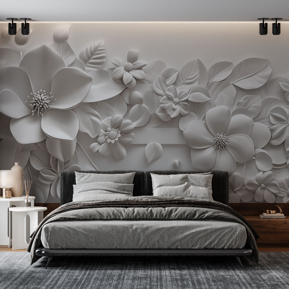 3D white floral wallpaper creating dramatic shadows in a modern living room with natural light streaming through windows
