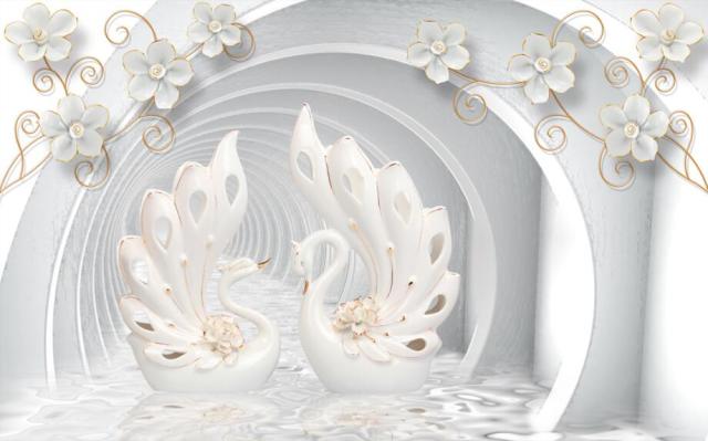 White and gold 3D swan wallpaper adding sophistication to a modern living room with natural lighting