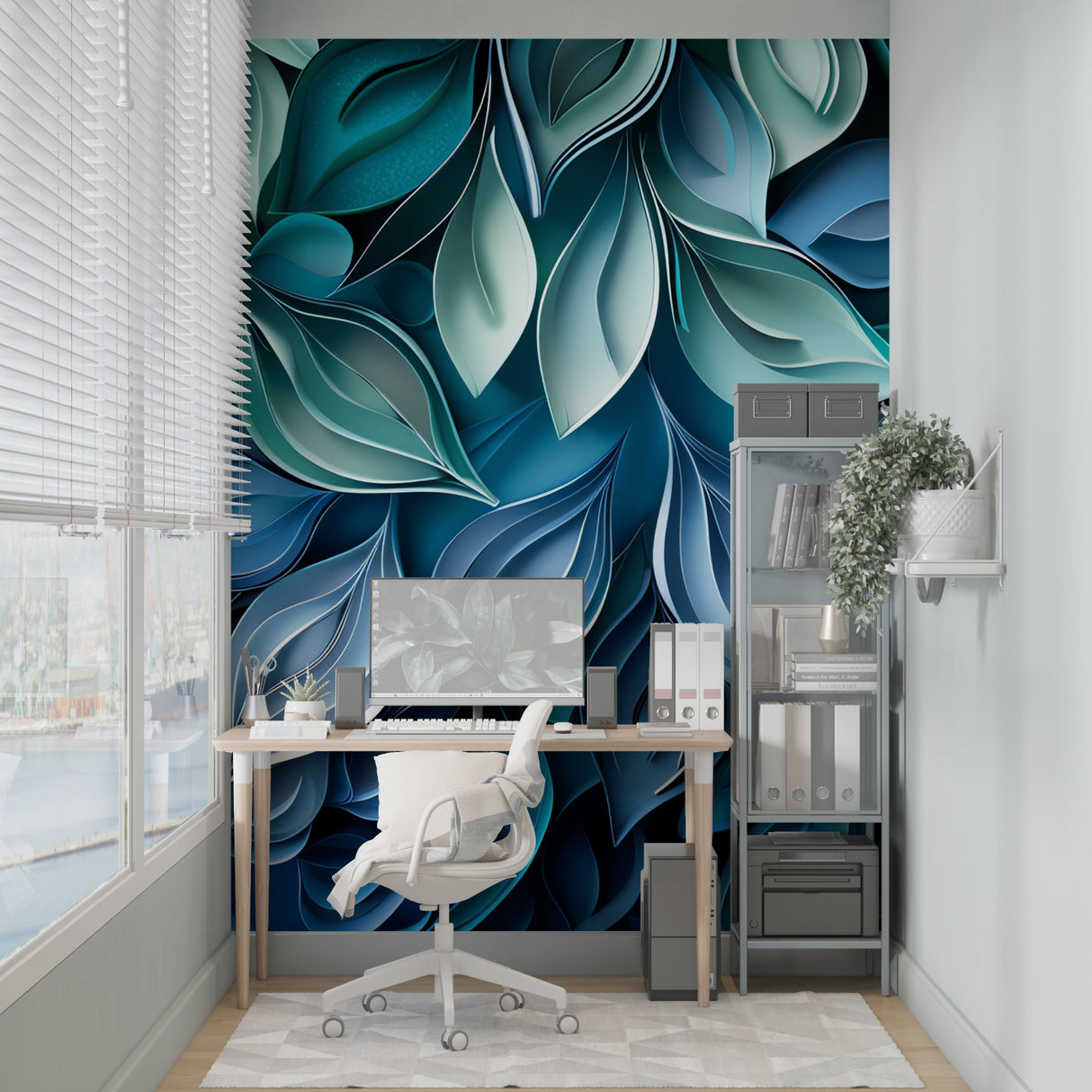 Blue and green 3D leaf mural in a modern home office space