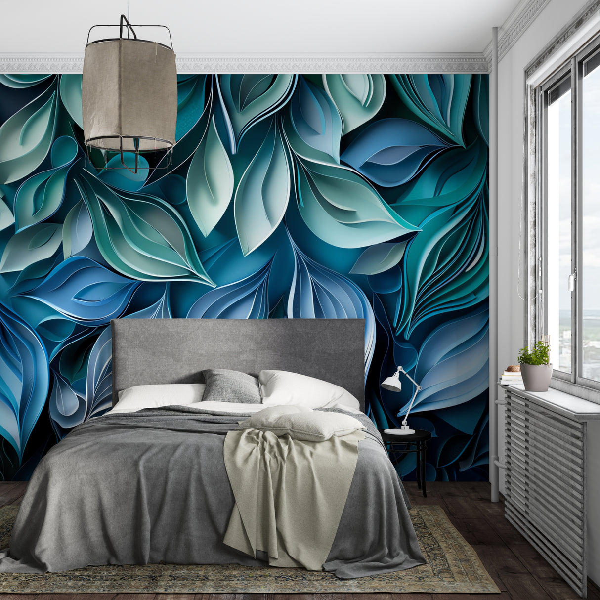 Modern botanical wallpaper showcased in a contemporary dining room