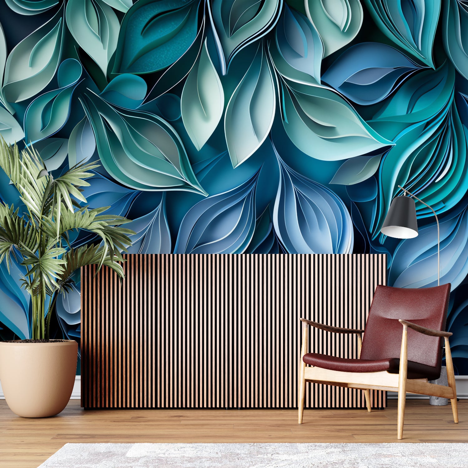 3D leaf pattern adding depth to a minimalist entrance hall