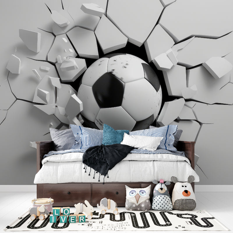 3D Breaking Wall Football Mural displayed in kids playroom