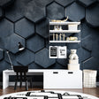 Modern home office featuring 3D Geometric Wallpaper with metallic honeycomb pattern creating depth and dimension