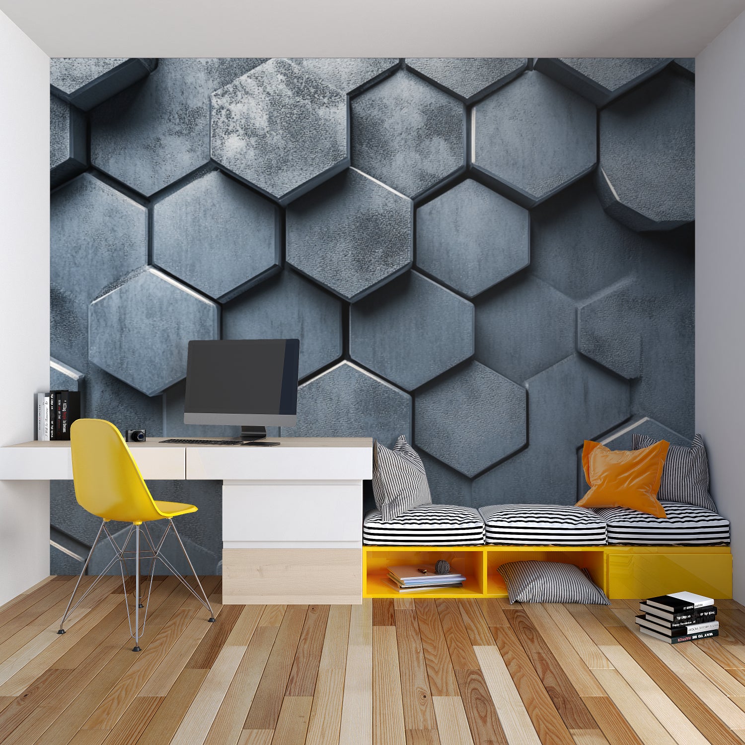 Living room with metallic geometric wallpaper showing light reflection throughout the day