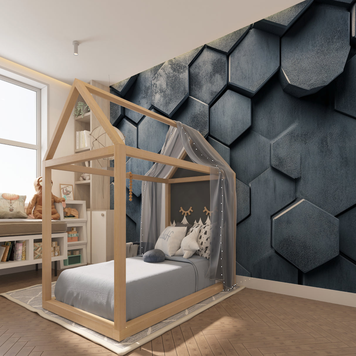 Contemporary hallway with 3D metallic honeycomb wallpaper creating visual interest