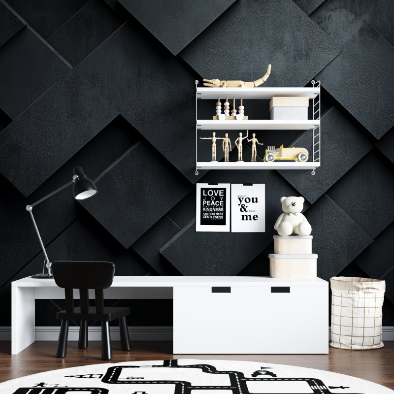 Contemporary bedroom featuring black geometric diamond wallpaper on accent wall