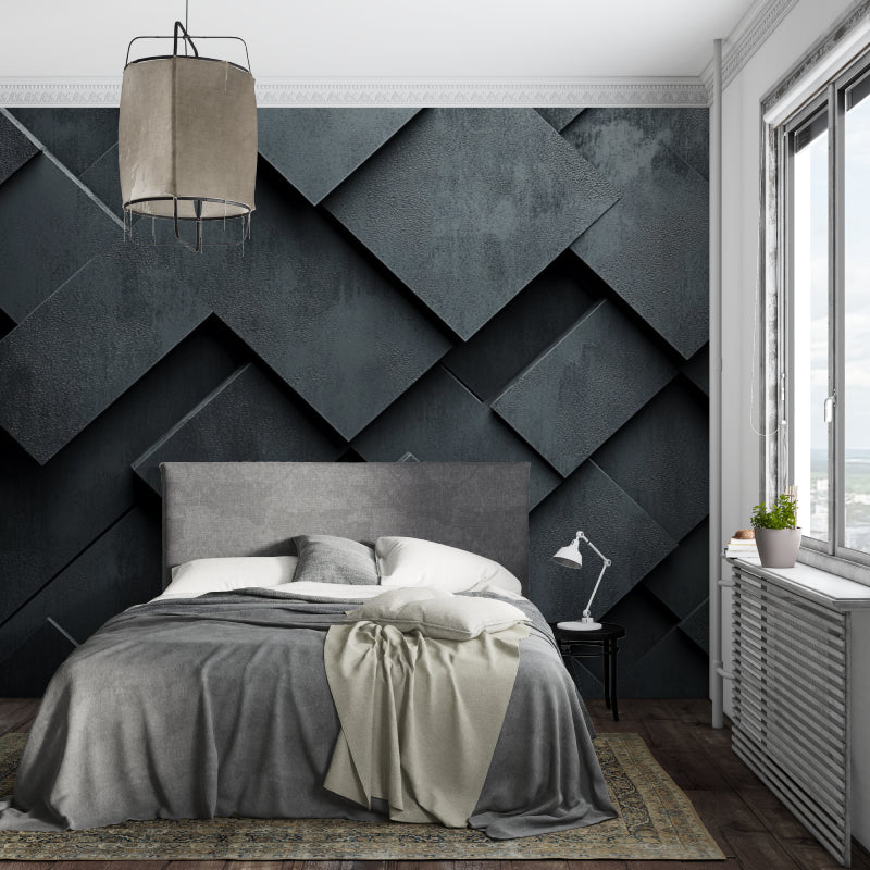 Black 3D geometric wallpaper creating depth in a modern dining room setting