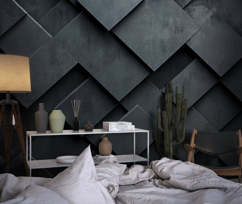 Geometric diamond pattern wallpaper adding architectural interest to a hallway