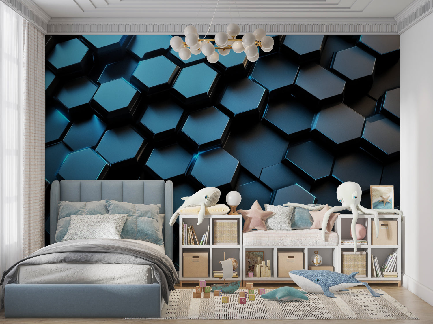 3D hexagon wall mural creating dramatic effect in contemporary living room