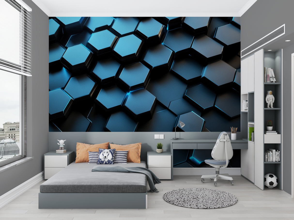 Geometric blue wallpaper adding dimension to modern bedroom wall