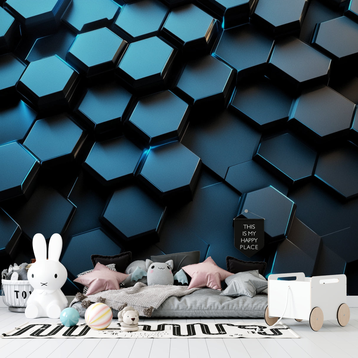 Blue hexagon pattern wallpaper in sleek dining room setting