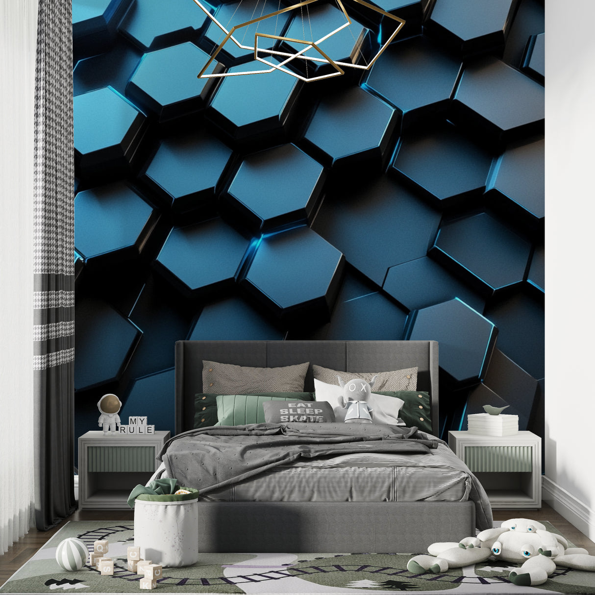 3D geometric wallpaper installation in modern home office