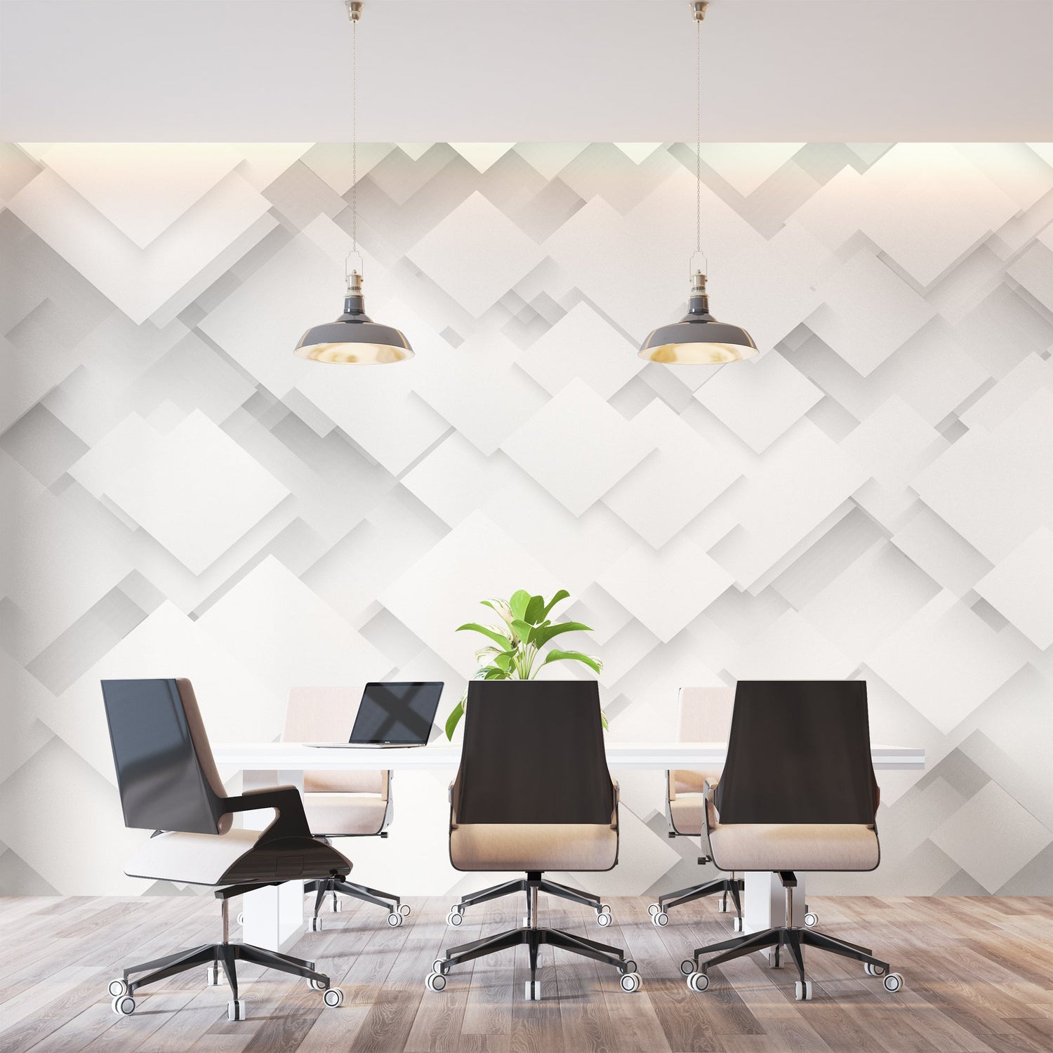 Modern living room with 3D geometric wallpaper creating depth on accent wall behind minimal furniture