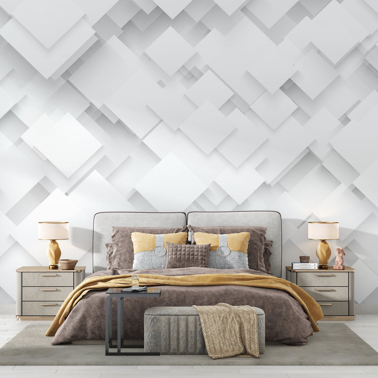 Minimalist bedroom with 3D geometric square pattern wallpaper making the space feel larger