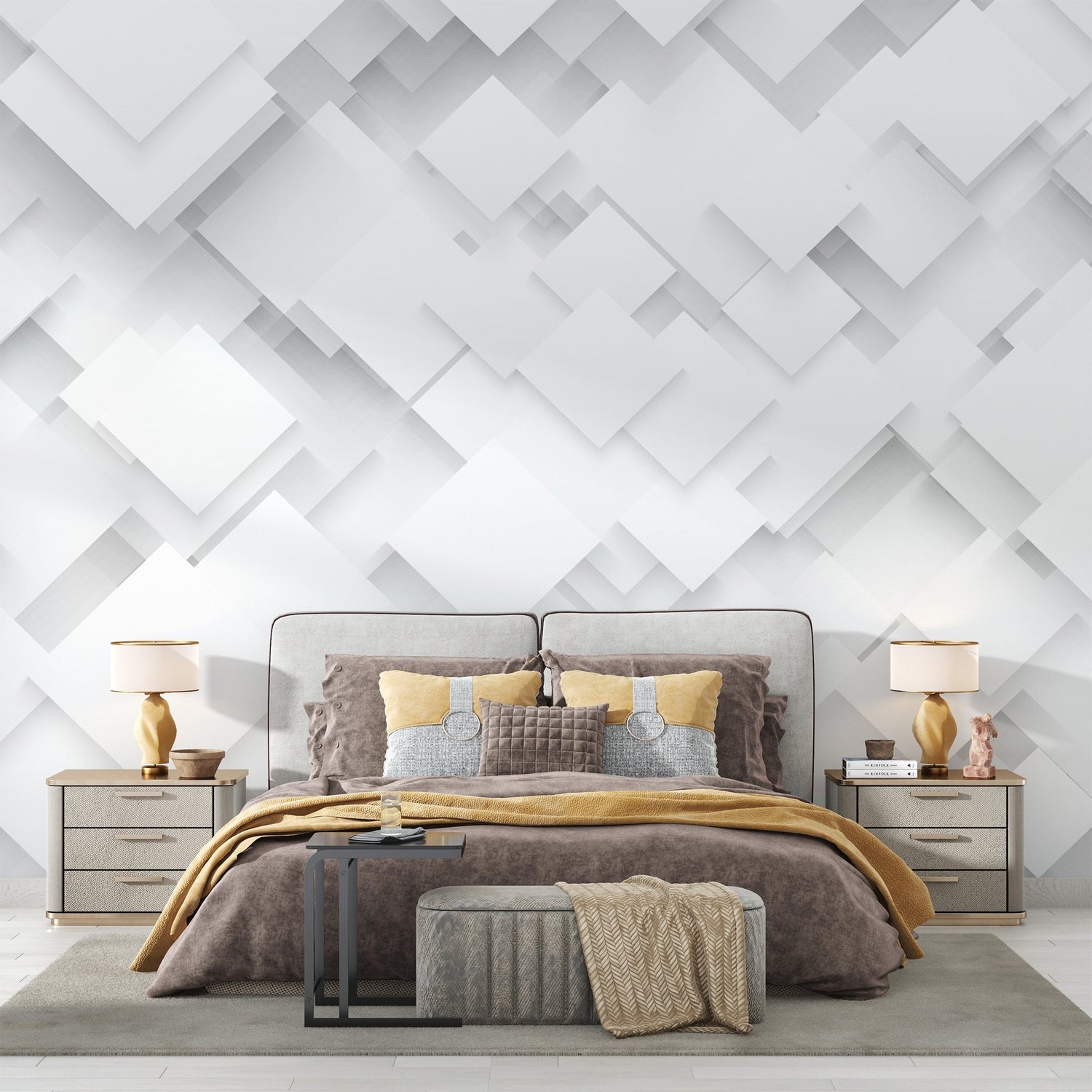 Minimalist bedroom with 3D geometric square pattern wallpaper making the space feel larger