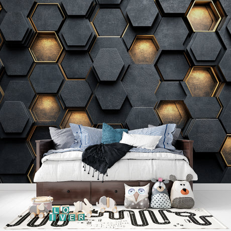 Modern living room featuring Black and Gold 3D Hexagon Wallpaper creating depth behind grey sofa